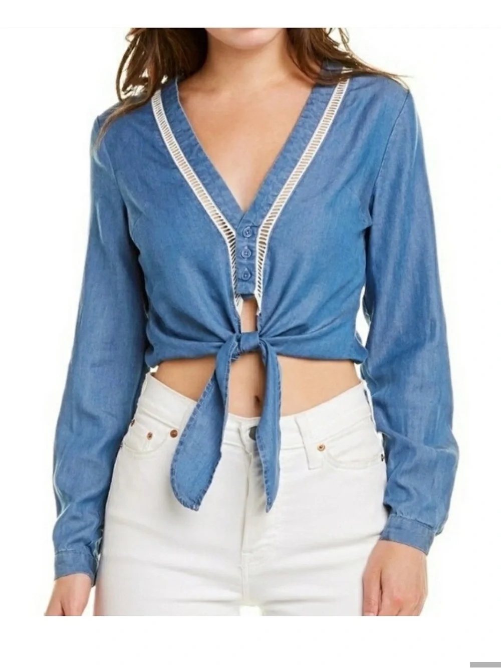 Lovers + Friends Denim Chambray Tie Front Top Long Sleeve Western Cowgirl XS